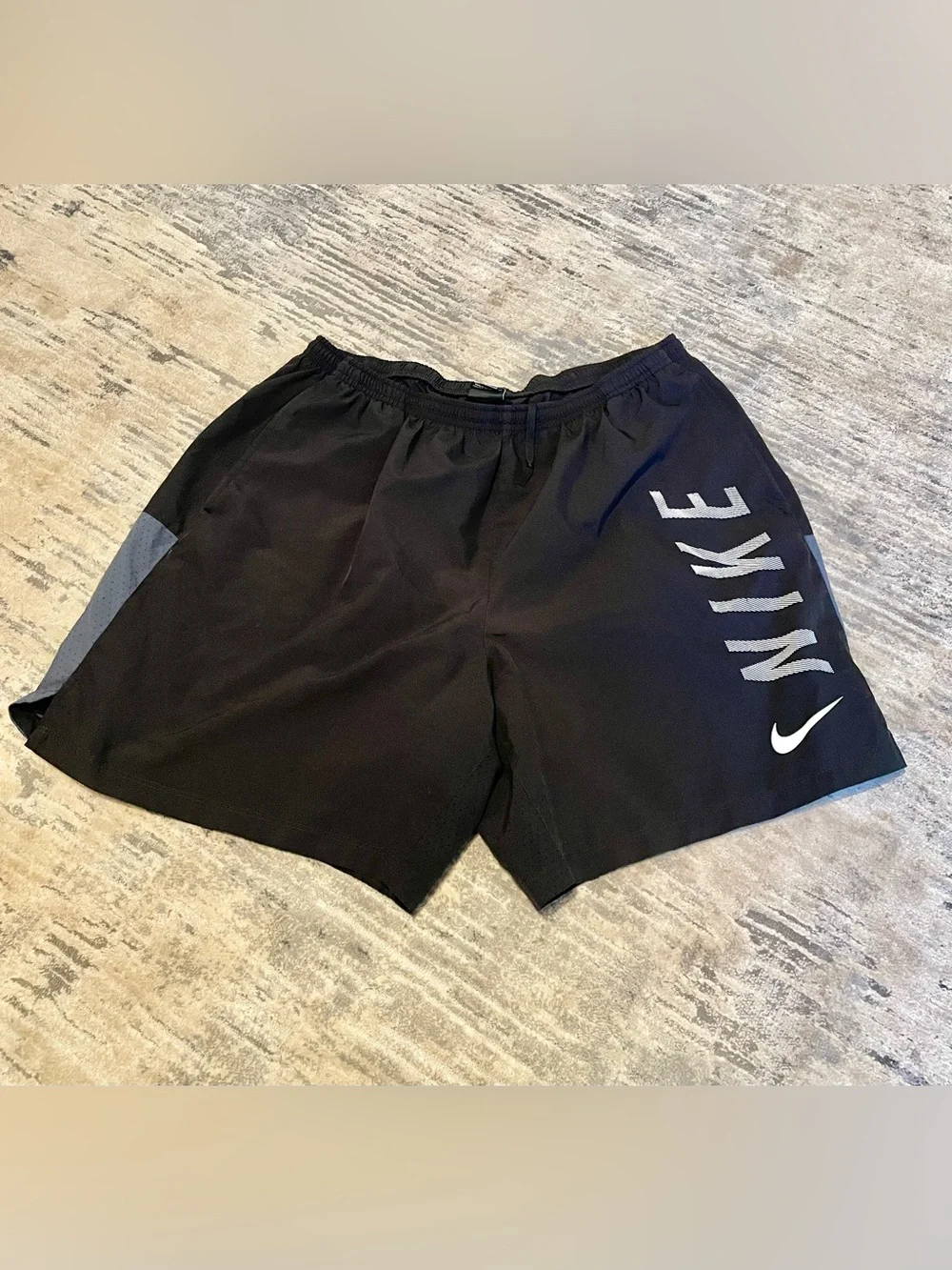 Nike Men's Black Athletic Shorts with Large Side Script- EUC